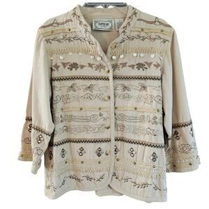 Tantrums Vintage Cream Embroidered Embellished Boho Lagenlook Western Jacket S